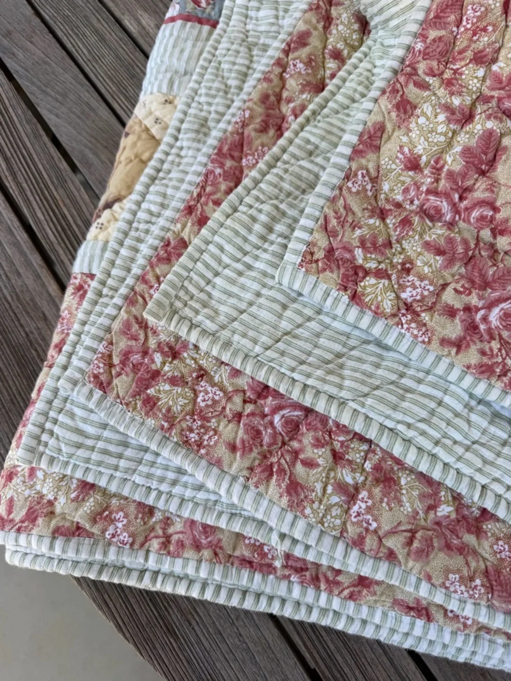 L.L. Bean Patchwork Country Quilt Reversible Floral Ticking Stripe Gauzy FLAWS